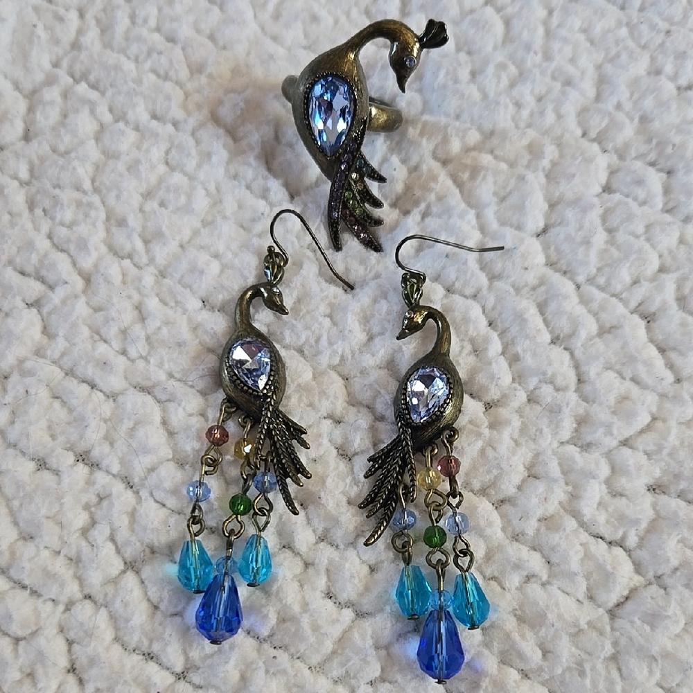 Blue crystal peacock jewelry set with earrings and ring